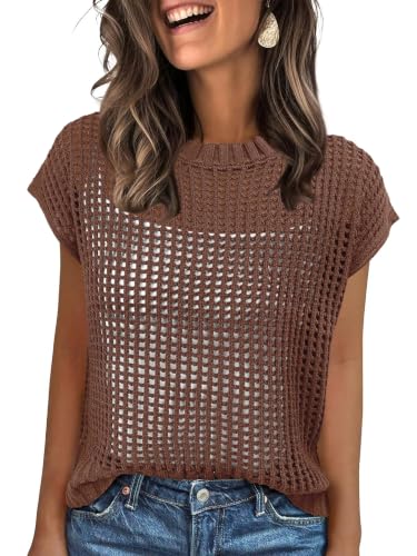 Image of ANRABESS Short Sleeve Sweater for Women Summer Crochet Knit Tops