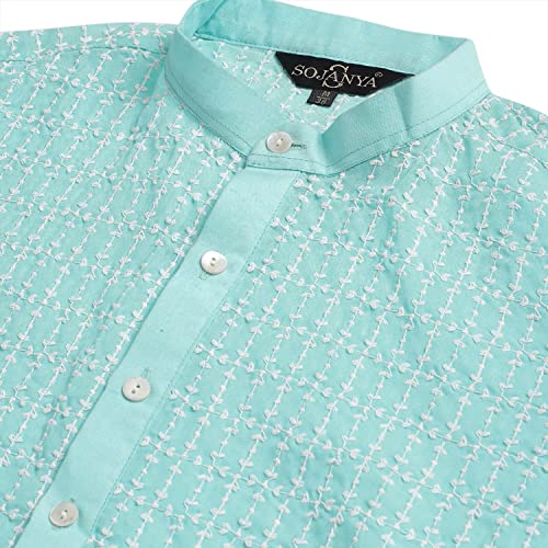 Image of SOJANYA (Since 1958 Men's Pure Cotton Blue Kurta with White Embroidery and White Pyjama Set