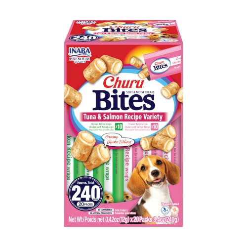 Image of INABA Churu Bites for Dogs, Soft & Chewy Dog Treats with Vitamin E, 0.42 Ounces Each Tube, 20 Tubes, Tuna & Salmon Variety Box