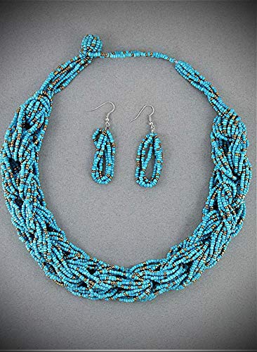 Multi Strand Turquoise Glass Seed Bead Braided Look Necklace Earring For Women Statement Chunky Crystal Fashion Jewelry Set