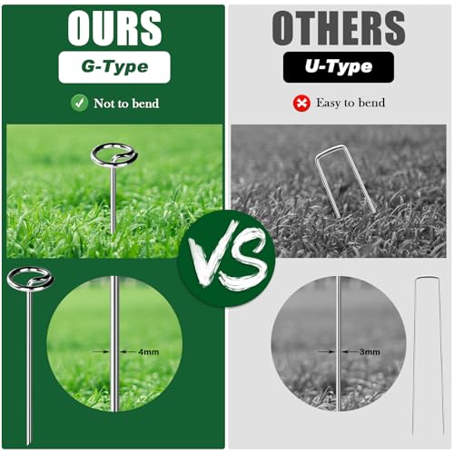 Image of FEED GARDEN Heavy Duty Landscape Fabric Pins 8 Gauge 120 Pack with Pick Hook, 6 Inch Galvanized Round Head Garden Stakes for Weed Barrier Fabric, Turf, Sod, Tent, Garden Edging & Hard Soil