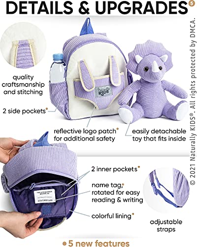 Naturally Kids Small Dinosaur Backpack - Dinosaur Toys For Kids 3-5 - Toddler Backpack For Girl W Stuffed Animal - Gifts For 3 Year Old Boys - W Pockets & Reflective Logo - Backpack W Purple Triceratops #TOP4