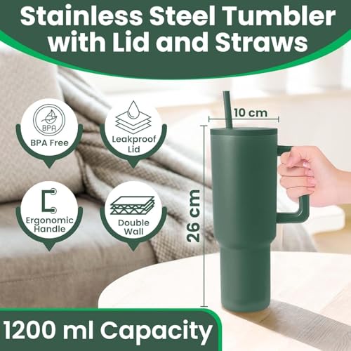 Image of Tumbler with lid and Straw 1200ML Cup Stainless Steel Insulated Cup for Water, Iced Tea or Coffee 1.2L Office Gym Travelling; Tumbler with Straw. (40 - Oz - Forest)