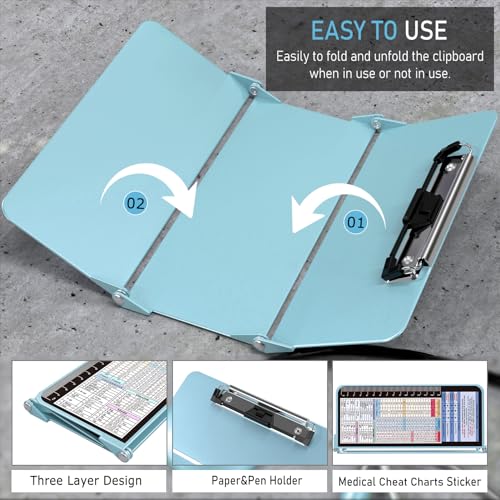 Image of Nursing Clipboard Foldable, Foldable Clip Board w /Nursing Edition Cheat Charts, 3 Layers Aluminum, Nurse Board w /Low Profile Clip&Pen Clip Pocket for Students, Nurses and Doctors, Mint