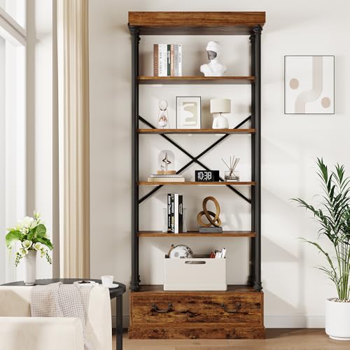 GarveeHome 81.3" Bookshelf with Storage Drawer, Tall Bookcase w/Metal Frame, 5 Tier Vintage Bookshelf Industry Display Storage Shelf for Office Living Room Library Bedroom