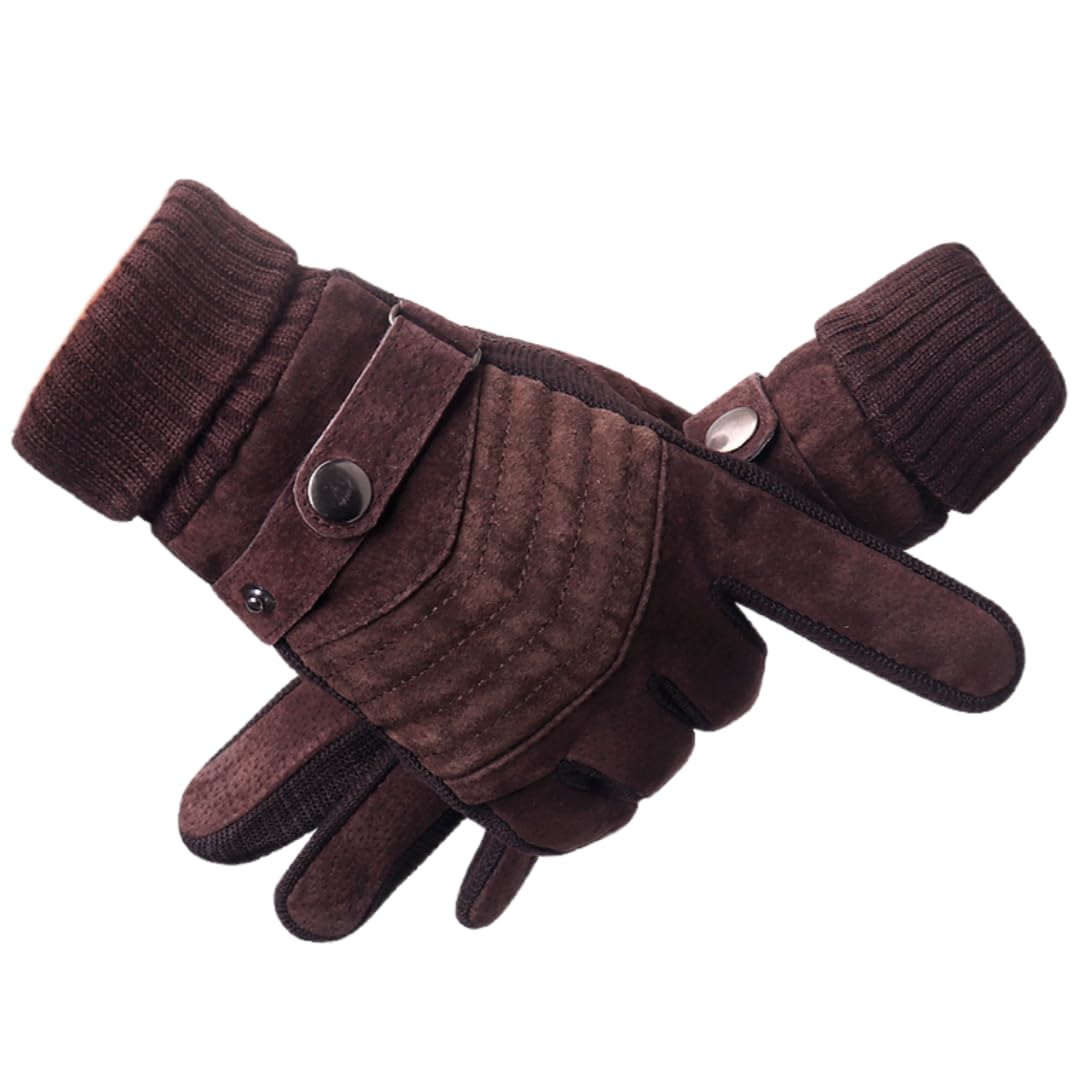 YISENJEE Running Gloves For Men Men'S Winter Suede Plush Thickened Warm Non-Slip Cold-Proof Windproof Soft Leather Gloves - Brown - Button