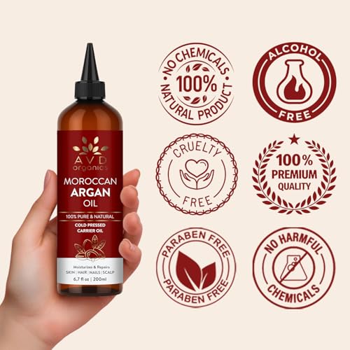 Image of AVD ORGANICS Argan Oil, 100% Pure | for Hair, Face & Skin | Cold Pressed Argan Oil for Hair | Moisturizer for Skin, Face, Body, Scalp & Nails | 6.7 fl oz | Imported from Morocco