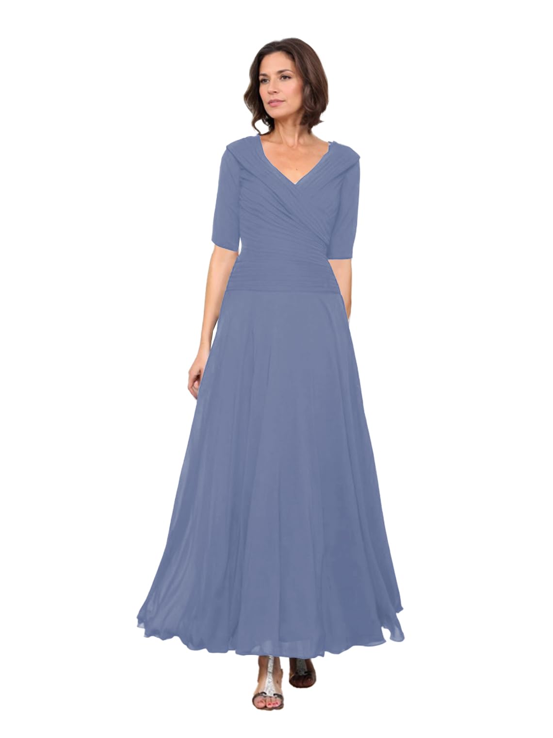 YXDream A Line Elegant Mother of the Bride Dress V-Neck Classic Half Sleeve Ankle Length Chiffon Ruffles Solid Color 2025