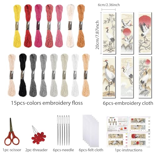 Image of FREEBLOSS 6 Set Cross Stitch Bookmark Kit 11 CT Complete Stamped Cross Stitch Kit DIY Embroidery Bookmark Kits for Adult Beginners with Instructions, Crane Pattern, 6 x 20 cm /8 inch x 2.4 inch