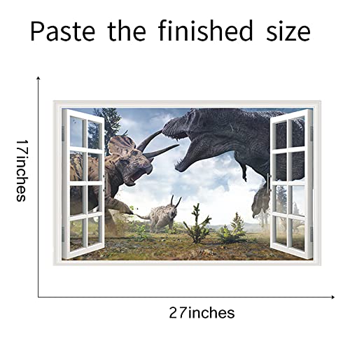 3D Watercolour Dinosaur World Fake Windows Wall Sticker,Self-Adhesive Removable Open Windows Wall Decals For Kids Nursery Bedroom Playroom Home Classroom Decor（27"X17"） #TOP3