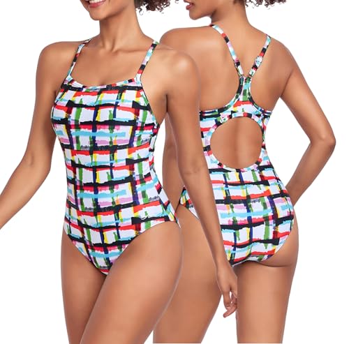Adoretex Women's Printed Adjustable Thin Strap Athletic One Piece Swimsuit, with Removable Padded Bra for Youth and Adults (FN054) - Rainbow - XXXL