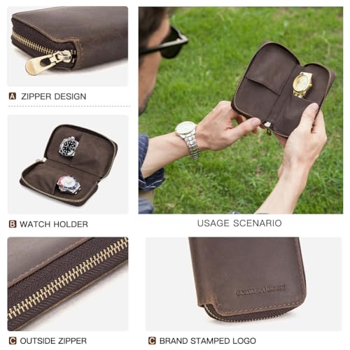 Image of CONTACT'S FAMILY Watch Box Travel Watch Case Genuine Leather for 2 Watches Travel Watch Case Zipper Watch Pouch Vintage Watch Storage Box For Men (Coffee)