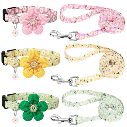 3 Pack Dog Collar and Leash Set Puppy Collar and Leash Adjustable Floral Dog Collars for Small Dogs Soft Pet Collar for Puppy Small Dogs (Green Pink Yellow)