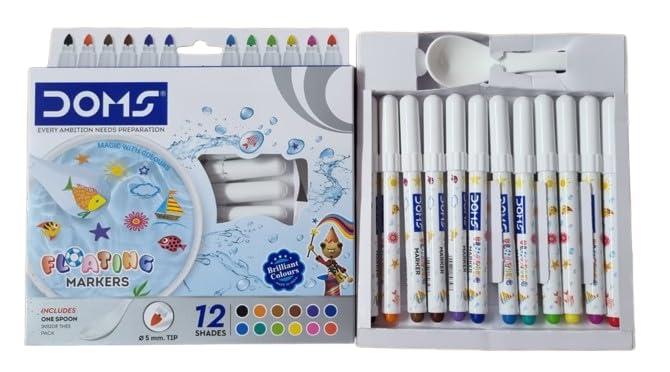 Doms Floating Markers 12 Assorted Shades| 5mm Tip| Includes 1 Ceramic Spoon For Unlimited Fun| Draw On Ceramic Spoon, Slowly Dip It In Water & Watch The Characters Floating-image-1