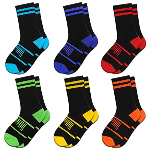 Comfoex Boys Crew Socks Athletic Half Cushioned Calf Socks For Big Little Kids 4-10 Years Old 6 Pairs
