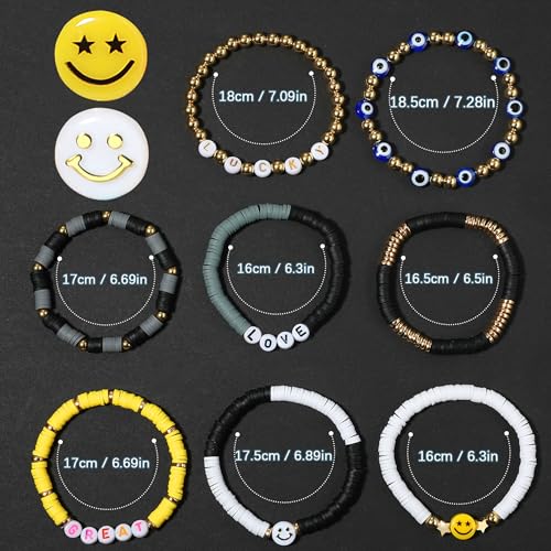 Image of Preppy Bracelets Set Colorful White Gold Smile Heart Star Polymer Beaded Pearl Clay Stackable Charm Y2K Kidcore Aesthetic Summer Beach Bohemian Stretch Layering Bracelets Jewelry for Girls Women Teens