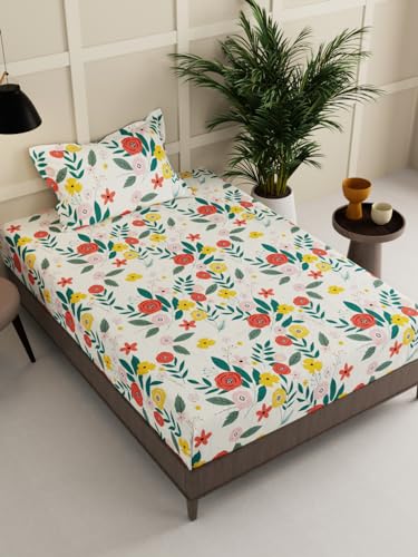 Image of Avinya Cotton Single Size Elastic Fitted Single Bedsheet (72x48x6) with 1 Pillow Covers (Red Flower)