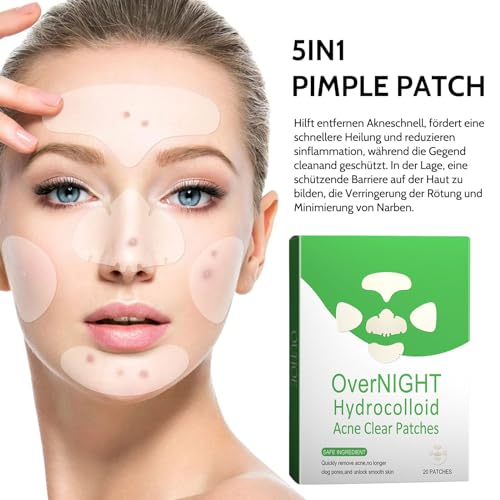 Shefave Anti Pickel Patches Über Nacht, 5in1 Pimple Patch, 20 Patches Hydrokolloid Patches, GroßE Acne Patch an Nase, an Kinn, Wangen, Rücke, Forehead Pickel Pflaster mit Retinol, Teebaumöl