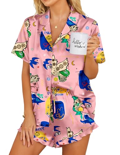 Image of Ekouaer Womens Satin Pajamas Set Button Down 2 Piece Silk Pjs Shorts Set Ruffle Lingerie Notch Collar Sleepwear