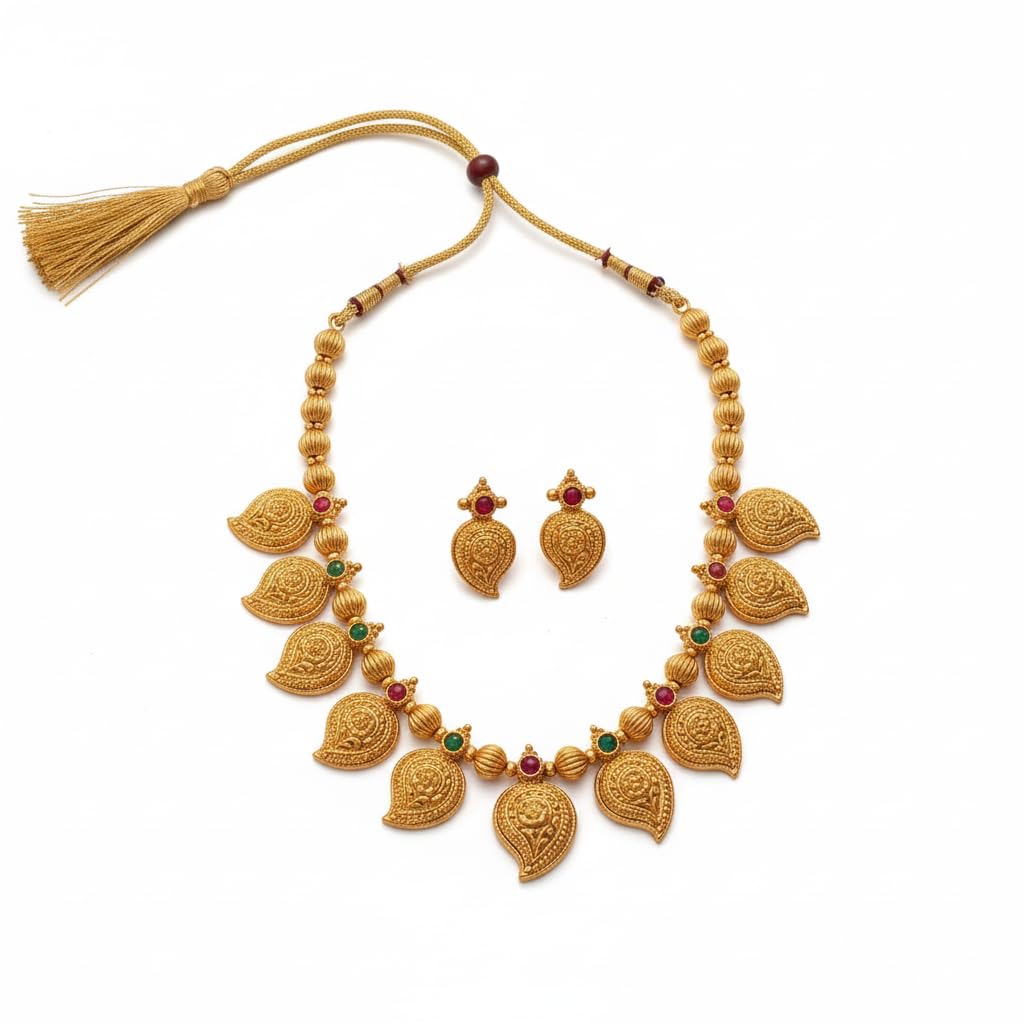 Traditional Mango (Kairi) Shape Necklace Set for Women and Girl | Gold-Tone Ethnic Jewellery | Stylish Choker Wedding Set-image-21