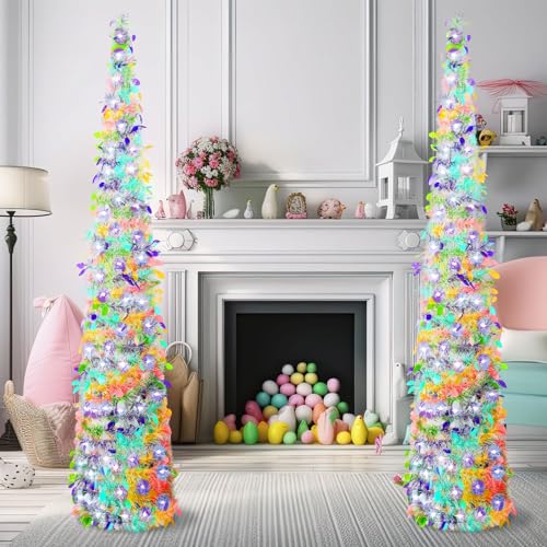 Sosation 2 Pcs 5 ft LED Easter Trees Green Tinsel Pop up Artificial Pencil Trees with String Lights Collapsible for Easter Party Fireplace Home Decorations(Multicolor)