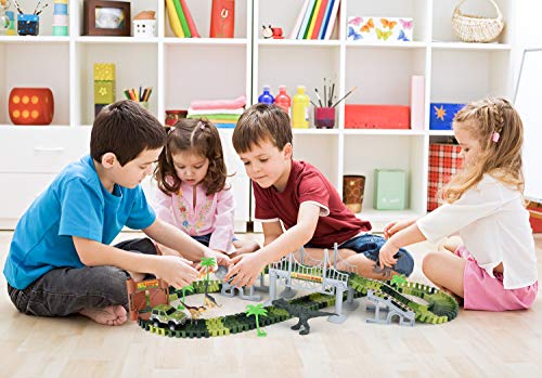 Zooawa Dinosaur Track Toy 142PCS Car Race Tracks Train Set Railway Playset with Flexible Speedway Railroad, Car Racing Toys, Bridge and Dinosaur Figures for Kids and Toddlers, Colorful