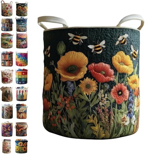 Image of Quilted Laundry Baskets with Handles, Large Floral Fabric Hampers, Extra Soft Boho Chic Storage Organizer for Nurseries, Collapsible Clothes Bins, Portable Bedroom Washing Container