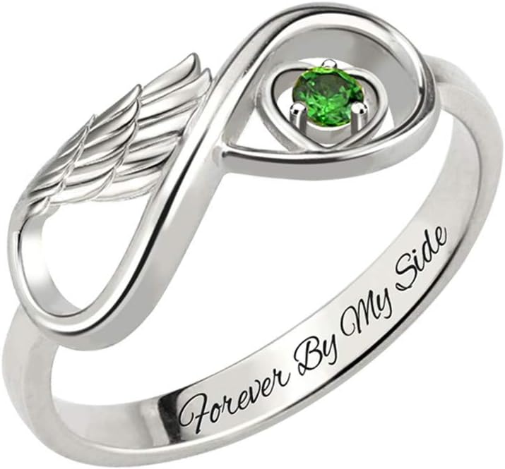 Getname Necklace Personalized Angel Wing Infinity Heart Ring with Birthstone Sterling Silver 925 Wedding Band Ring Engagement Ring for Her