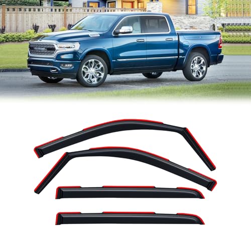 Image of in-Channel Rain Guards for 2019-2026 Dodge RAM 1500 Crew Cab New Body Style, Window Visor Shields Vent Deflector Shade Wind Dark Smoke 2020 2021 2022 2023 2024 2025, Tape-On Inside-Mount, 4PCS