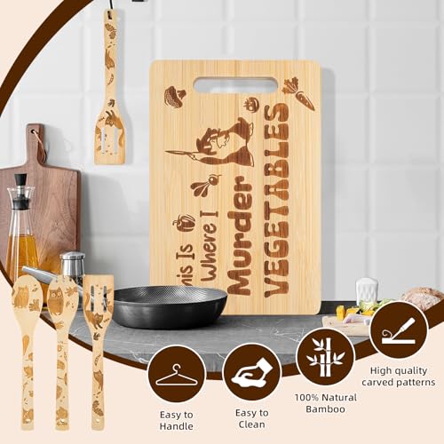 Tabla de cortar de bambú con diseño de gato y 3 cucharas miniatura 3