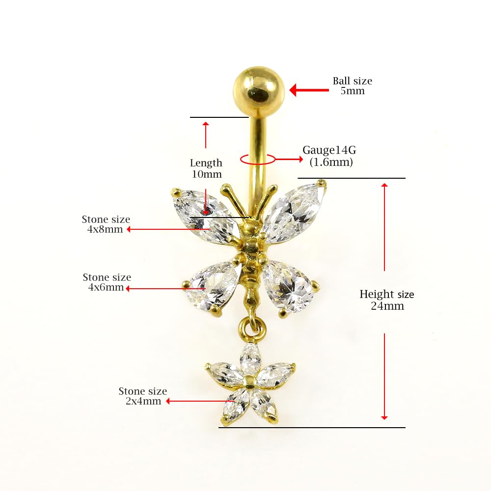 Piercing para ombligo de oro amarillo macizo de 14 quilates con circonita cúbica y mariposa con flor colgante, joyería para ombligo de 14 quilates, calibre 14, 14 Gauge - 10mm Length,