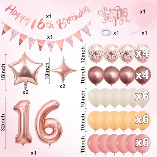 Image of Jobkoo Girls 16th Birthday Decorations, Retro Pink Nude Sweet 16 Balloon Set Happy 16th Birthday Banner Cake Topper Dusty Pink Beige Rosegold Star Balloons for Boho 16 Year Old Bday Party Decoration