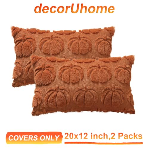 Image of decorUhome Fall Decorative Light Rust Pumpkin Throw Pillow Covers 12x20 Set of 2, Soft Faux Fur Plush Farmhouse Accent Pillow Cases for Couch Bed Sofa Autumn Harvest Halloween Holiday Home Decor