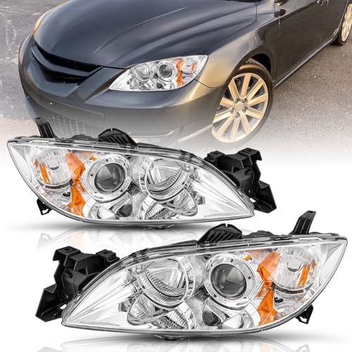 TUSDAR Headlights Assembly Fits 2004-2009 Mazda 3 Sedan 4-Door Halogen Projector Headlamp Chrome Housing with Amber Reflector