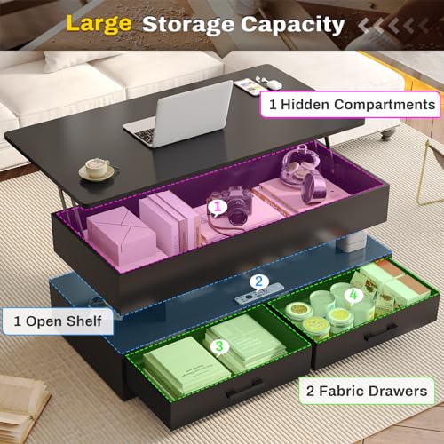 Sedeta 40 Inch Lift Top Coffee Table, Coffee Tables With Storage For Living Room, Small Coffee Table With 2 Fabric Drawers & Led Light For Dining Reception Room thumb #2
