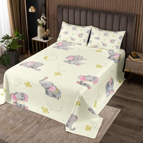 Kawaii Elephant Bedspread for Kids Boys,Yellow Butterfly Cartoon Wildlife Coverlet Set Bedroom Decor Soft Quilted,Watercolor Grey Pink Animal Quilt Set with 1 Pillow Sham, Twin Size