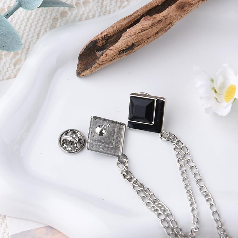 Image of Gem Brooch Pins Hanging Chain Lapel Pin for Men Suits Shirt Collar Brooch Square Crystal Brooch Pin Rhinestone Lapel Pins for Men Tassel Chain Brooch Collar Pins Business Suit Shirt Accessories