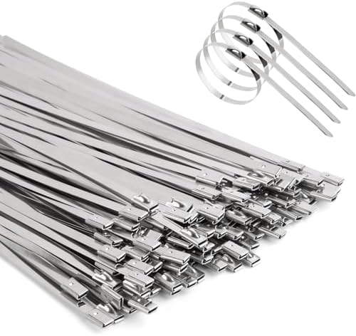 Viuxule Metal Cable Ties 100 Pack, Zip Ties Stainless Steel, 4.6x200mm Heavy Duty 220 lbs, Multi Self Locking Wrap Tie, Binding Cable for Machinery, Exhaust Wrap, Pipes, Farms, Cables, Poultry Fence