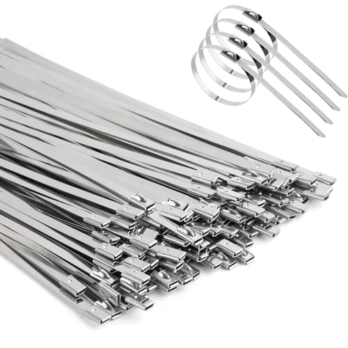 Viuxule Metal Cable Ties 100 Pack, Zip Ties Stainless Steel, 4.6x200mm Heavy Duty 220 lbs, Multi Self Locking Wrap Tie, Binding Cable for Machinery, Exhaust Wrap, Pipes, Farms, Cables, Poultry Fence