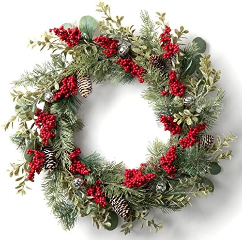 LOHASBEE Artificial Christmas Wreath, 22" Pine Cone Grapevine Glitter Wreath with Bells, Red Berries Eucalyptus Boxwood for Front Door Winter Greenery Home Hanging Wall Party Decor