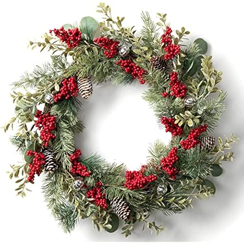 LOHASBEE Artificial Christmas Wreath, 22" Pine Cone Grapevine Glitter Wreath with Bells, Red Berries Eucalyptus Boxwood for Front Door Winter Greenery Home Hanging Wall Party Decor Cover