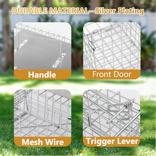 Outopee Live Animal Cage Trap, Folding Humane Cat Trap with Handle for Rabbits, Stray Cats, Squirrels, Raccoons, Skunk, Mole, Groundhogs and Opossums, 61x19x21cm, Silvery - Image 3