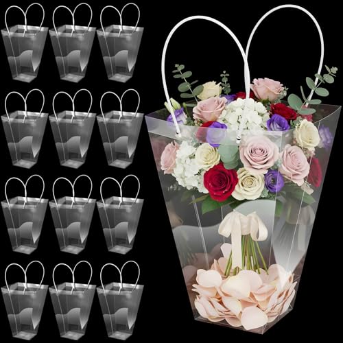 12 Pcs Clear Flower Bouquet Bags Bulks Large Plastic Gift Bags with Handle
