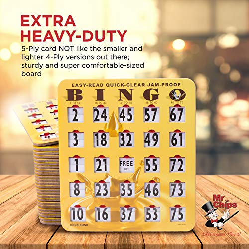 Mr Chips Jam-Proof Easy-Read Quick-Clear Large Print Fingertip Slide Bingo Cards With Sliding Windows - 25 Pack In Gold Rush Style #TOP3
