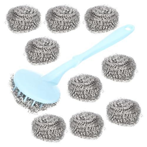 PRETYZOOM 10pcs Stainless Steel Scrubbers with Handle Dishwashing Scrubbing Scouring Pad Pot Dish Cleaning Brush Kitchen Cleaning Tool (Assorted Color)