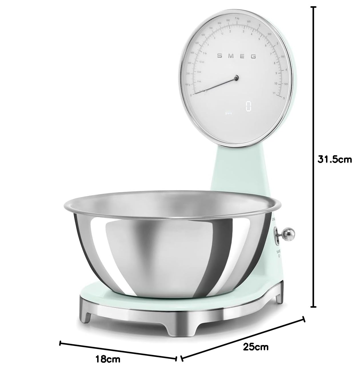 Smeg, Bilancia da Cucina Digitale e Analogica KSF01PGWW, Ciotola in Acciao Inox 1,8L Removibile, Quattro Unità di Misura g/ml e lb.oz/fl.oz, con Funzione Tara, Portata Massima 5kg, Verde Pastello