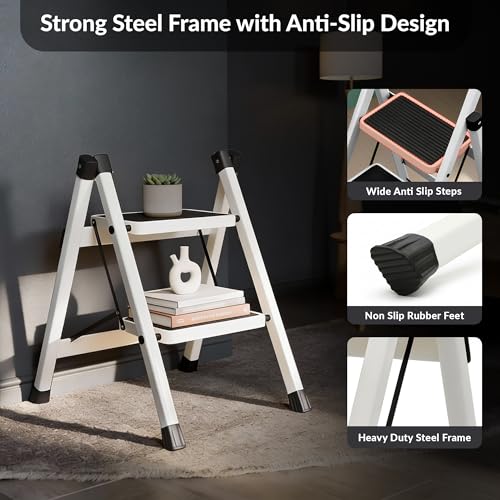 Image of Plantex 2 Step Ladder for Home Use /Wide Anti-Slip Heavy-Duty Step Stool /Lightweight Kitchen Ladder (White)