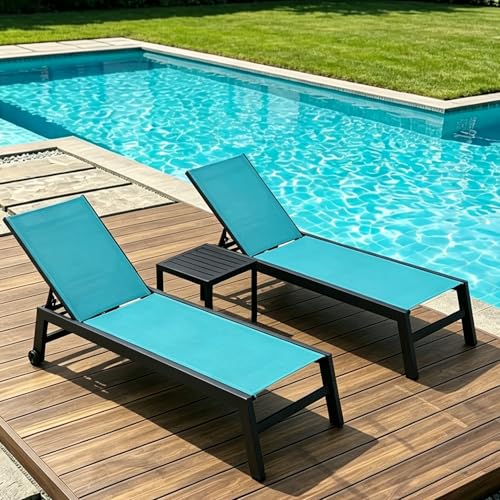Image of PURPLE LEAF Outdoor Patio Chaise Lounge Set 2 Pieces Pool Lounge Sunbathing Chairs with Wheels Chair for Yard (2 Turquoise Blue Lounges W /Side Table)