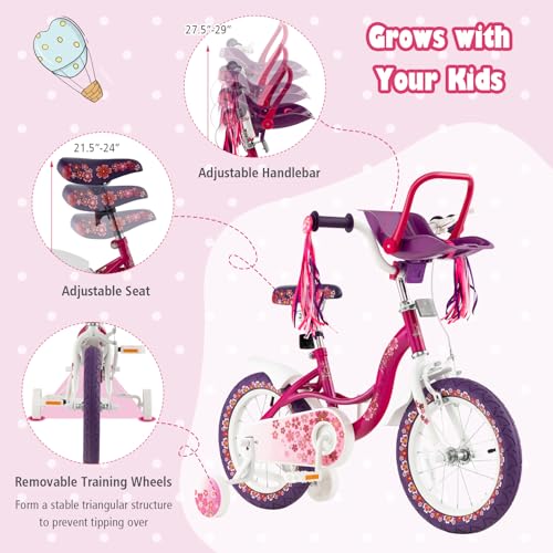 Image of BABY JOY Retro Kids Bike, 12 14 16 18 Inch Child Bike for 3-8 Years Old w /Rattan Basket, Adjustable Height, Training Wheels, Fenders, Handbrake Coaster Brake, 95% Pre-Assembled Kids Bicycle for Girls