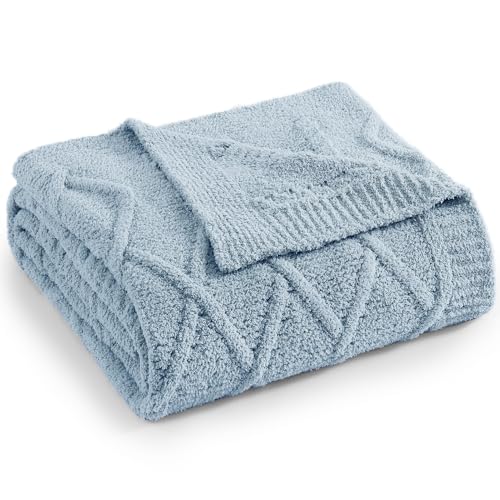 WRENSONGE Blue Grey Throw Blanket for Couch, Soft Fluffy Cozy Warm Knitted Throw Blanket for Bed, Weaving Patterns Throw Blanket for Living Room, Sofa, Chair, Camping, Travel Bed Blanket - 5